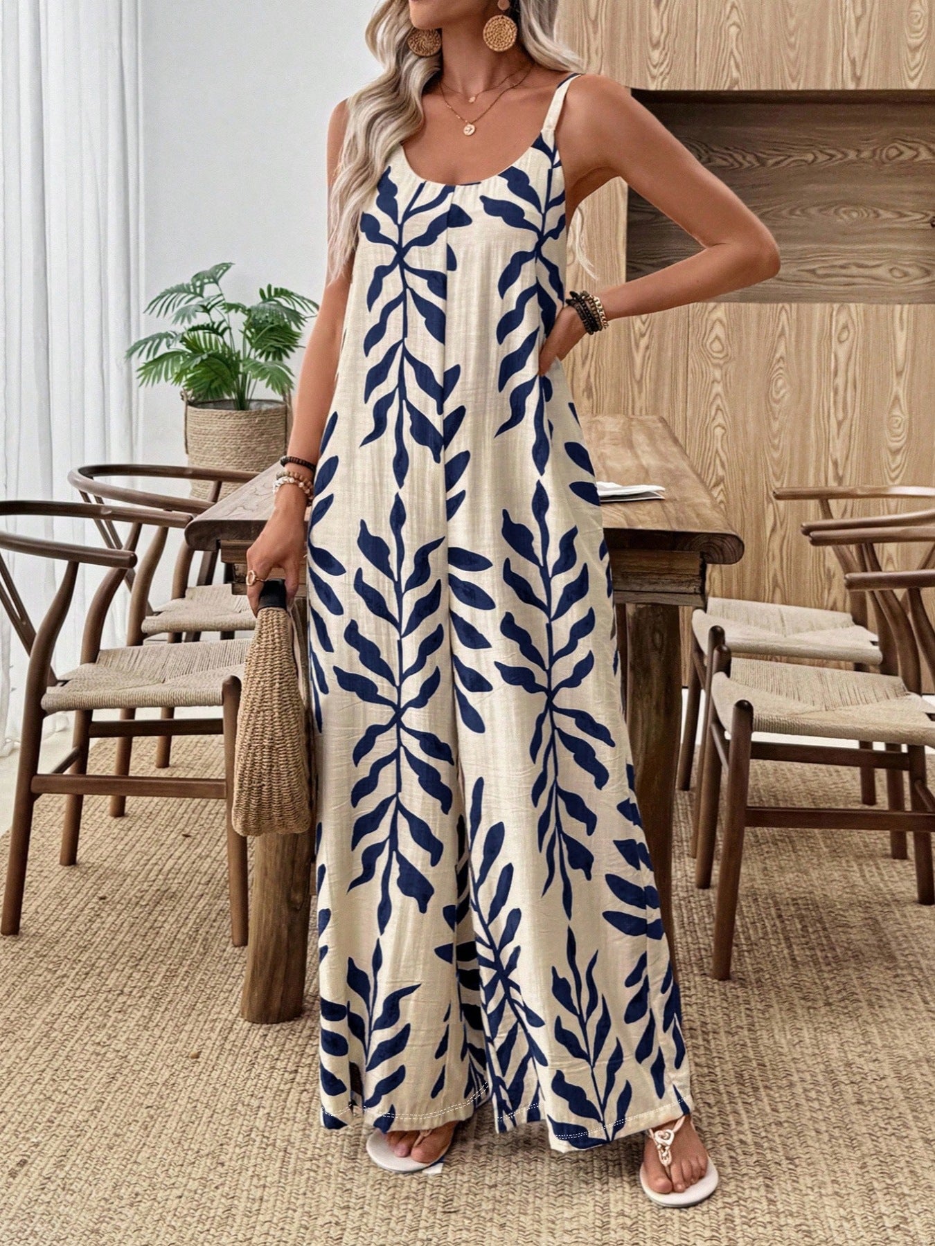 Leaf Print Wide-Leg Jumpsuit