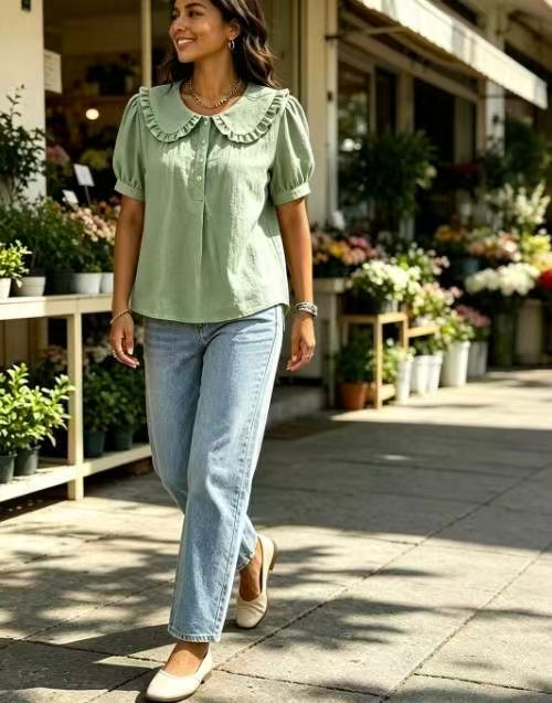 🔥 Ruffled Peter Pan Collar Puff Short Sleeve Half Placket Blouse
