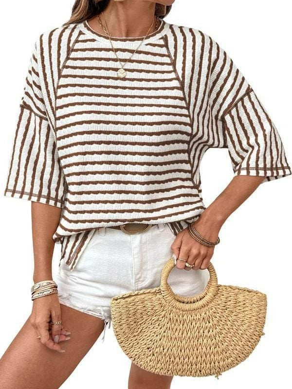 Loose-fitting round neck striped T-shirt, versatile short-sleeved top