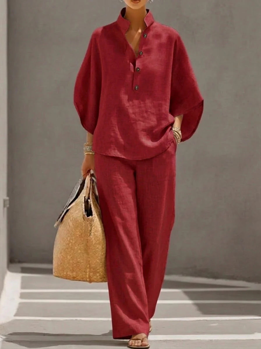 Women's  V-Neck 2-Piece Set - Batwing Sleeve Top & Wide Leg Pants