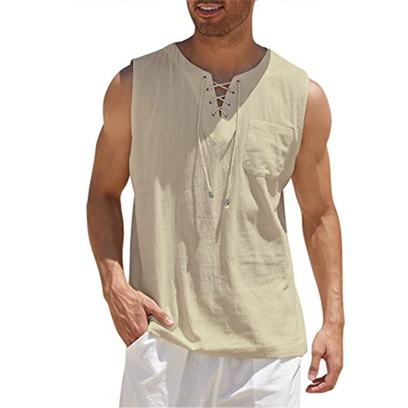Lace-up Fashion Solid Color Cotton Linen Short-Sleeve T-Shirt