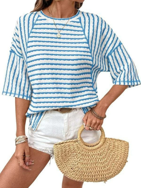 Loose-fitting round neck striped T-shirt, versatile short-sleeved top