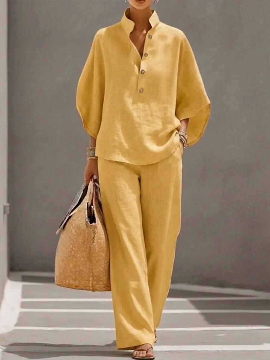 Women's  V-Neck 2-Piece Set - Batwing Sleeve Top & Wide Leg Pants