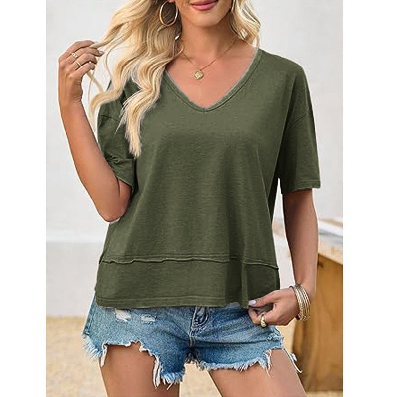 Solid color patchwork V-neck T-shirt