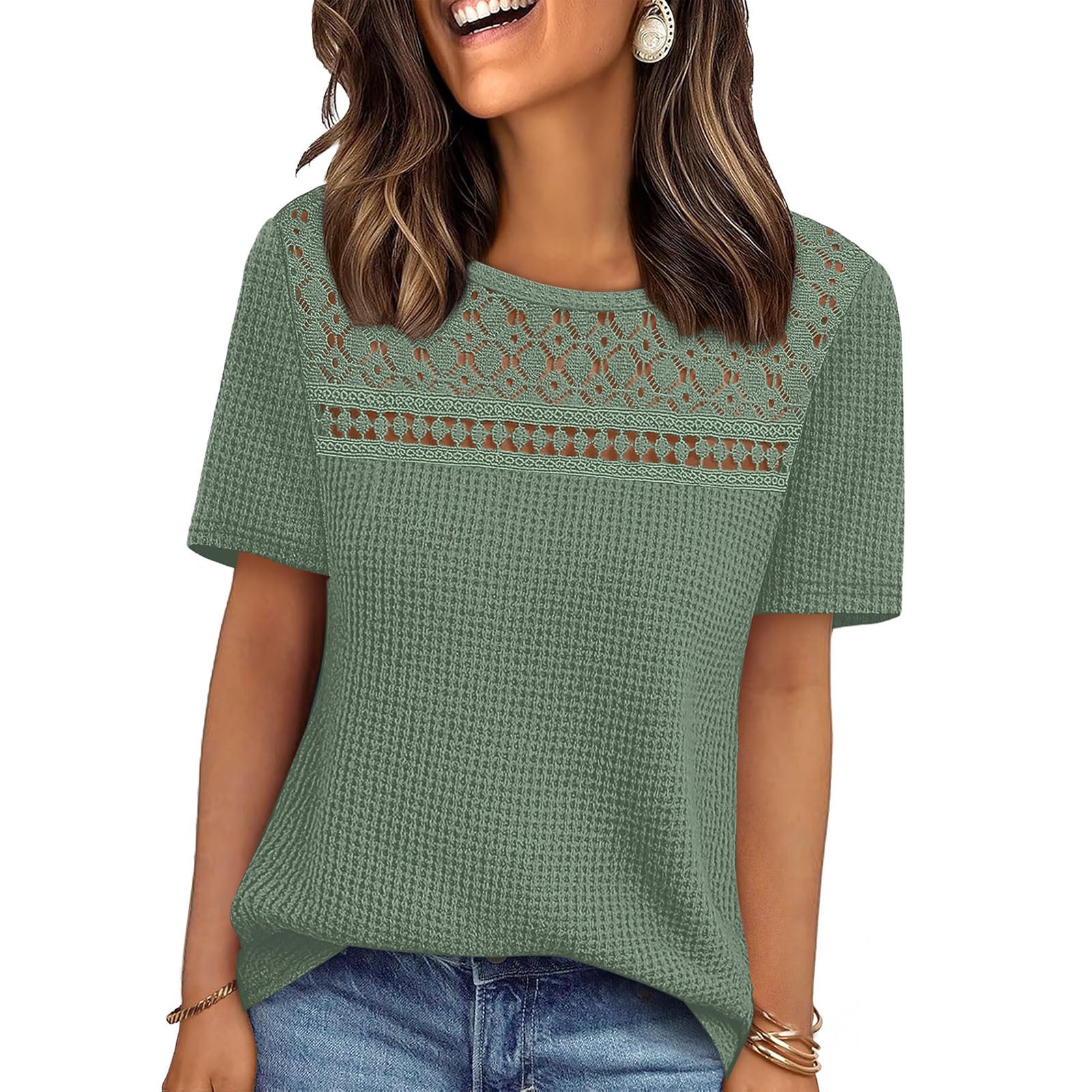 Hollow-out breathable versatile short-sleeved top