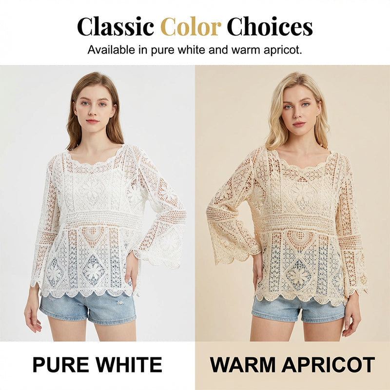 Women's Vintage-Inspired Lace Cover-Up Blouse – Flare Sleeves, Bohemian Beachwear 🌸